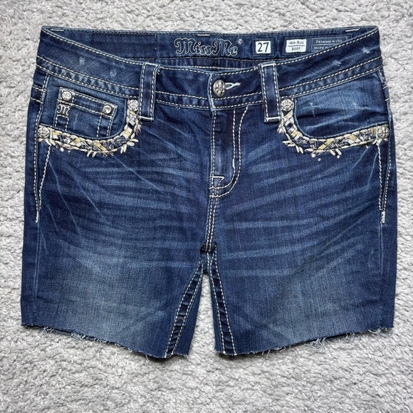 Miss Me Pants - Miss Me Shorts Womens 27 Mid Rise Big Stitch Flap Gems Rhinestones Western Rodeo